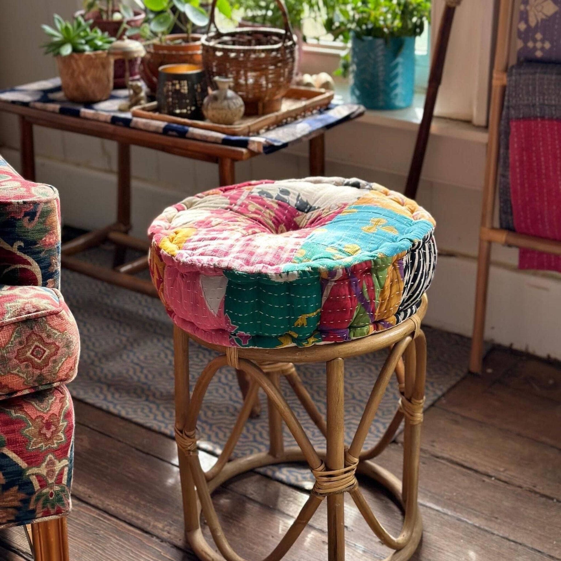 Hand Embroidered Boho Floor Pouf, Vibrant Multi-Color Cotton