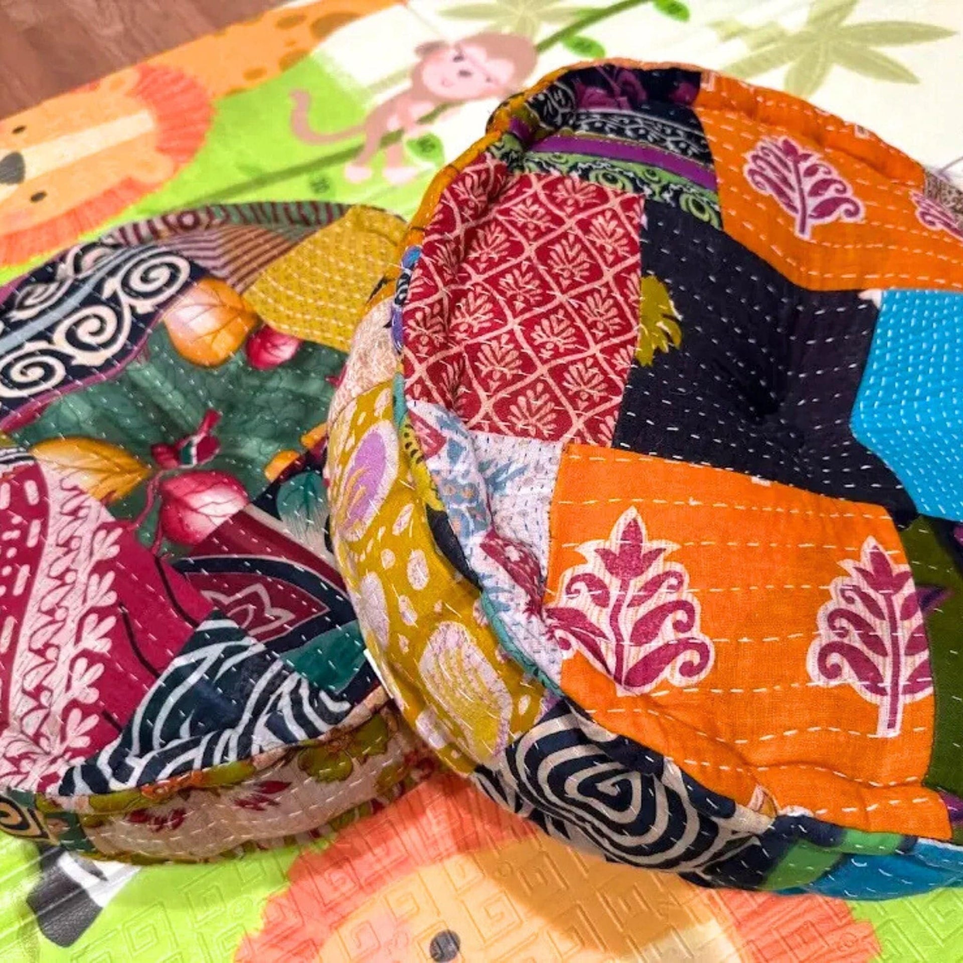 Hand Embroidered Boho Floor Pouf, Vibrant Multi-Color Cotton