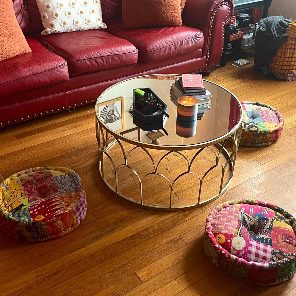 Hand Embroidered Boho Floor Pouf, Vibrant Multi-Color Cotton
