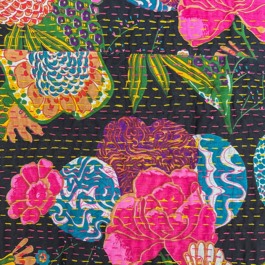 Handmade Bohemian Kantha Throw Blanket, Vibrant Floral Cotton