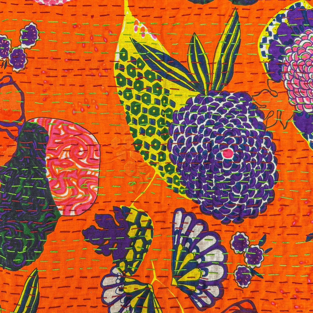 Handmade Bohemian Kantha Throw Blanket, Vibrant Floral Cotton
