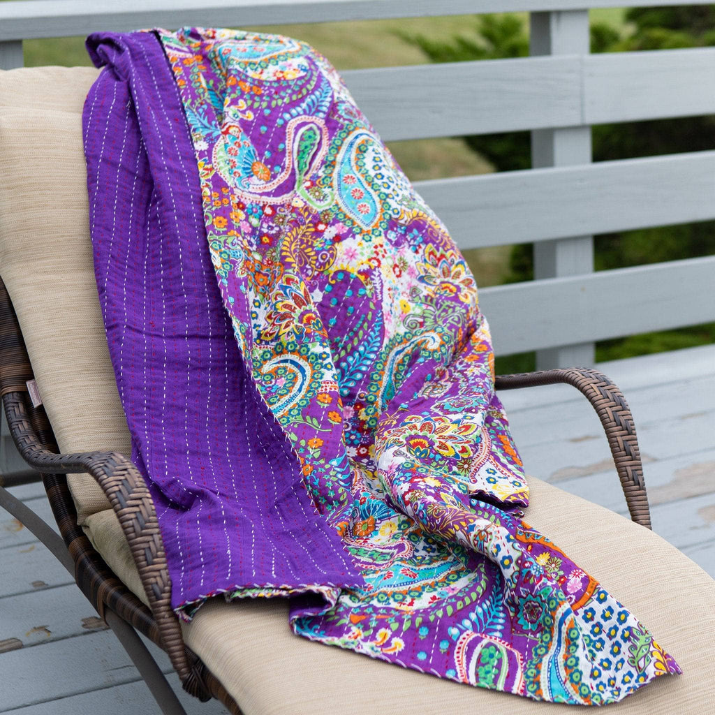 Handmade Bohemian Kantha Throw Blanket, Vibrant Floral Cotton