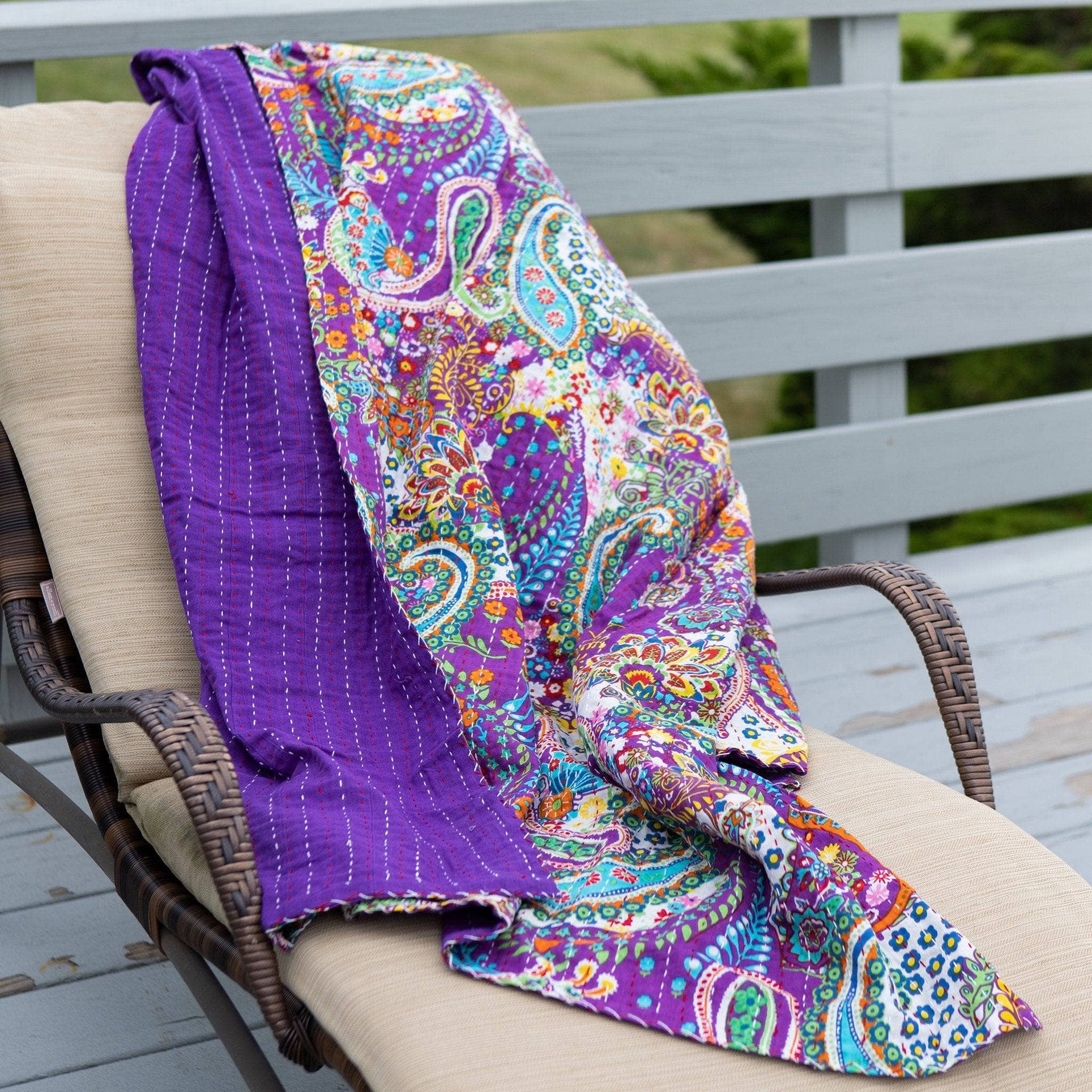 Handmade Bohemian Kantha Throw Blanket, Vibrant Floral Cotton
