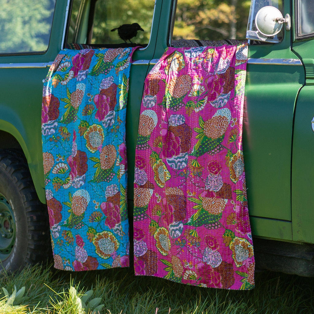 Handmade Bohemian Kantha Throw Blanket, Vibrant Floral Cotton