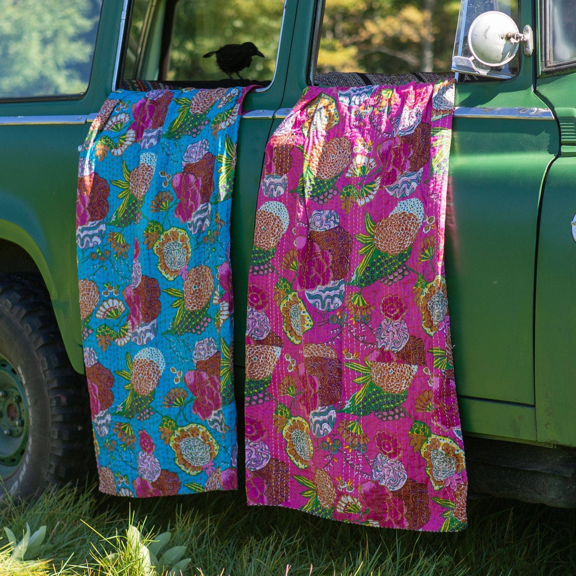 Handmade Bohemian Kantha Throw Blanket, Vibrant Floral Cotton