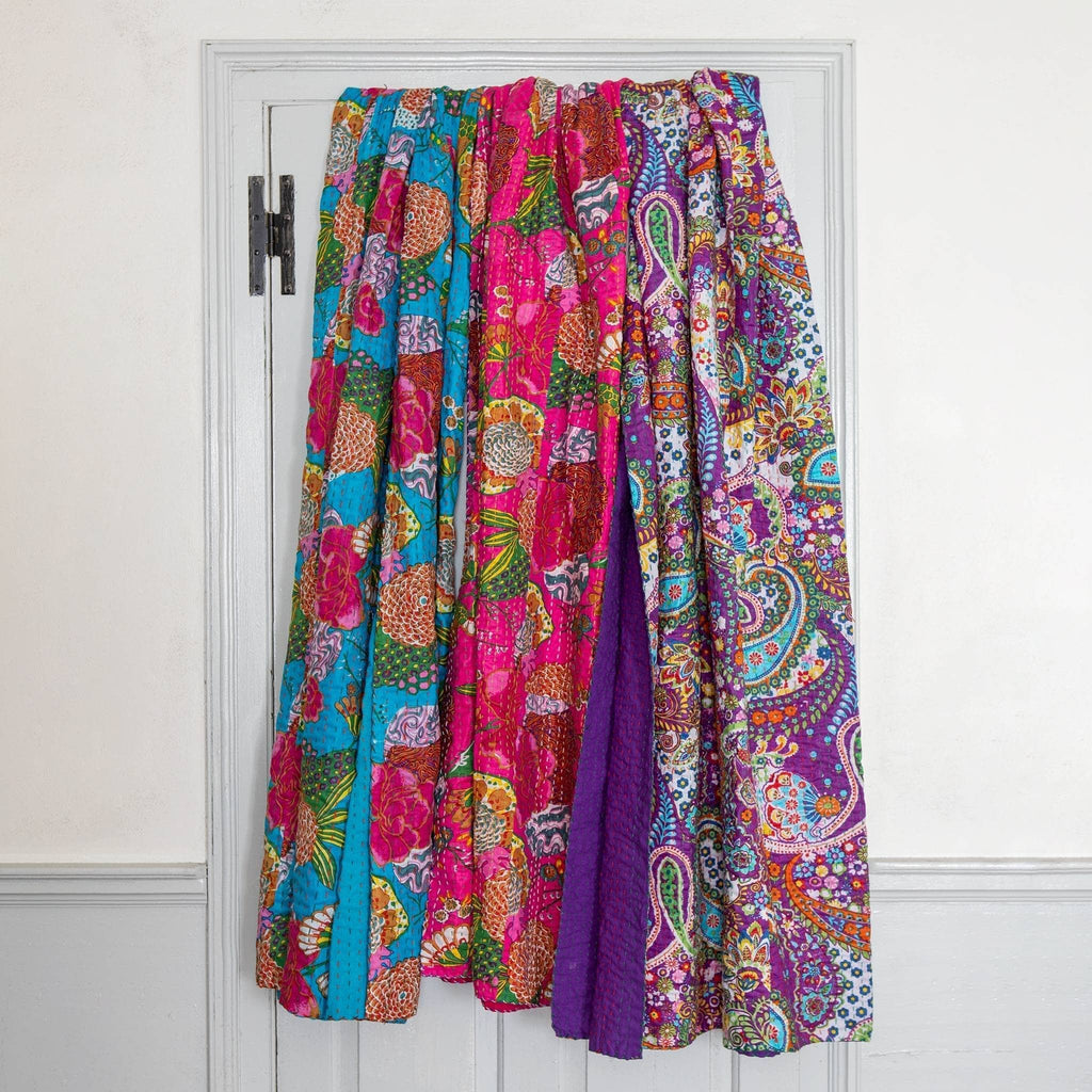 Handmade Bohemian Kantha Throw Blanket, Vibrant Floral Cotton