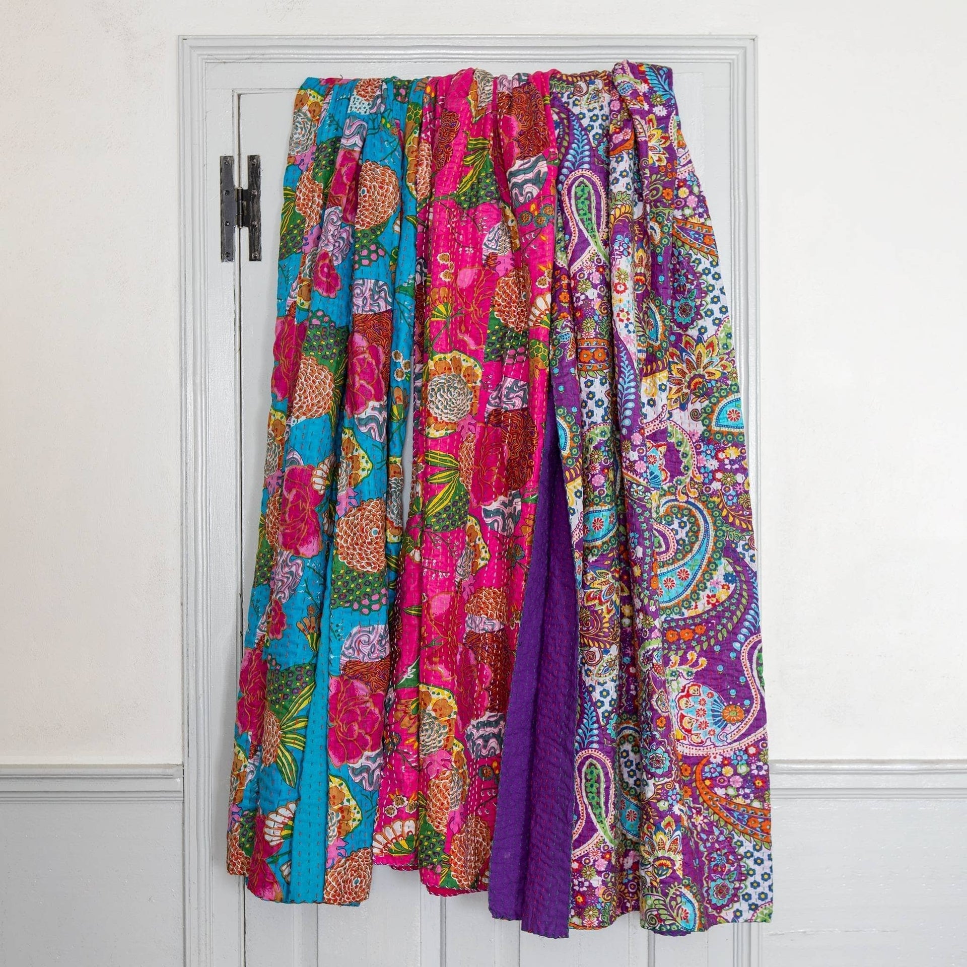 Handmade Bohemian Kantha Throw Blanket, Vibrant Floral Cotton