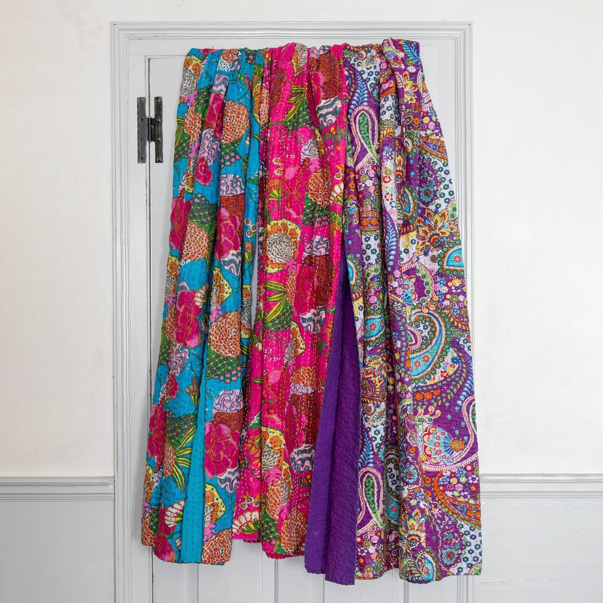 Handmade Bohemian Kantha Throw Blanket, Vibrant Floral Cotton