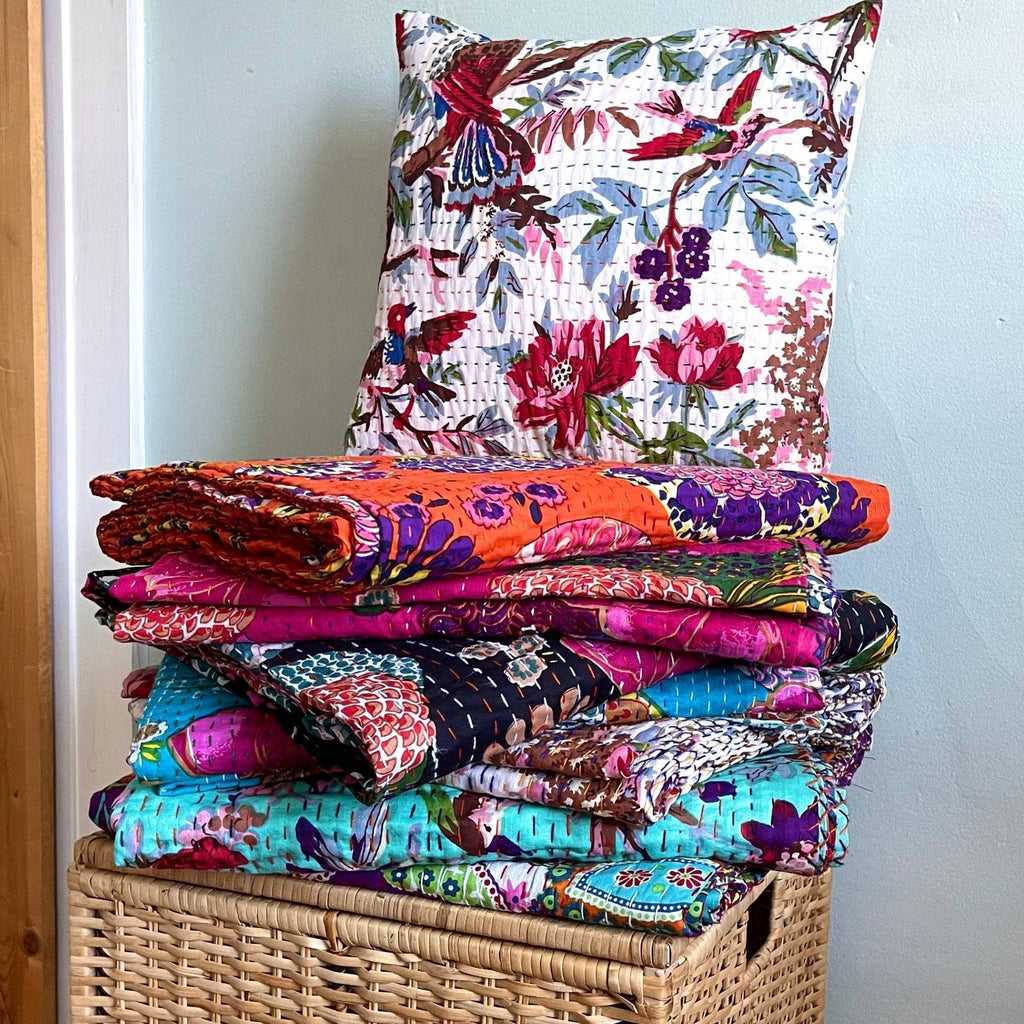 Handmade Bohemian Kantha Throw Blanket, Vibrant Floral Cotton
