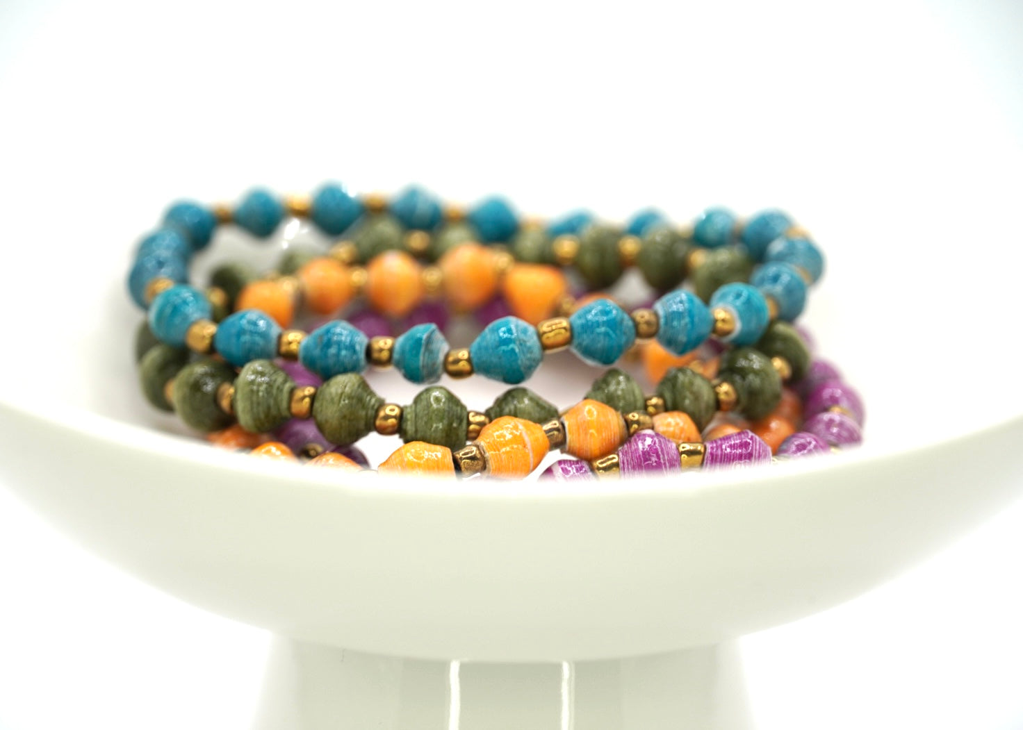 Set of 4 Bohemian Paper Bead Bracelets - Purple & Gold