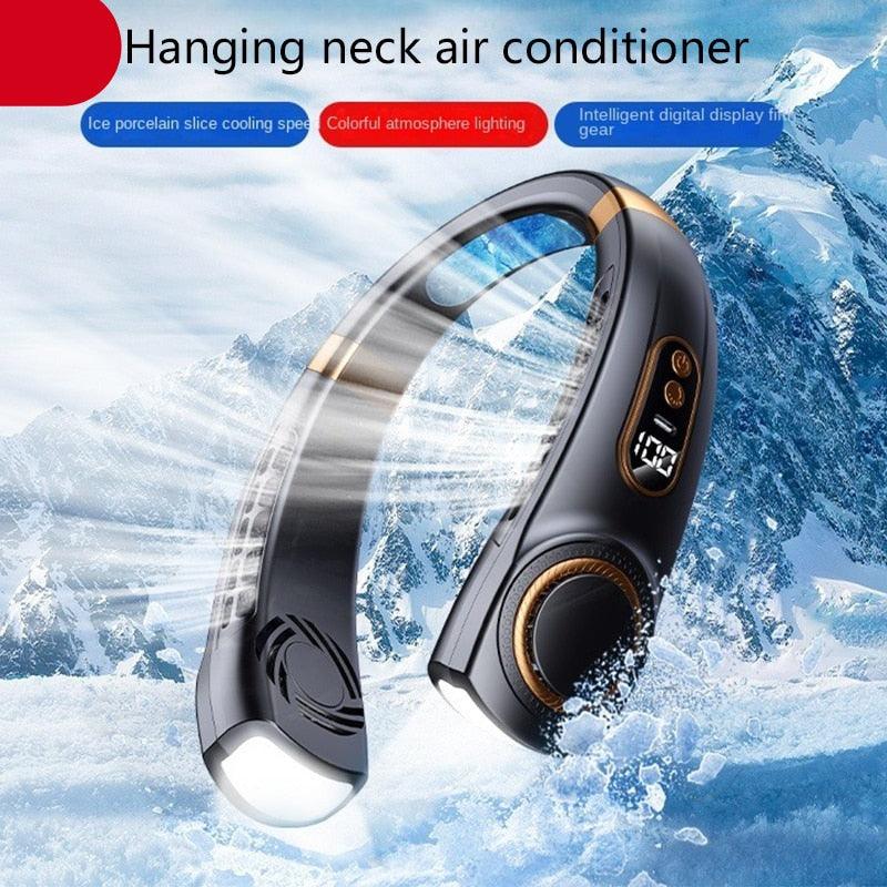 Modern bladeless neck fan in black and pink with digital display and ice-cooling feature.