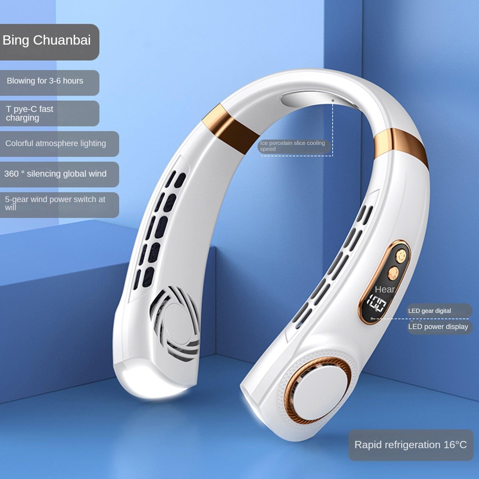 Rechargeable Bladeless Neck Fan with Cooling Tech & LED Light
