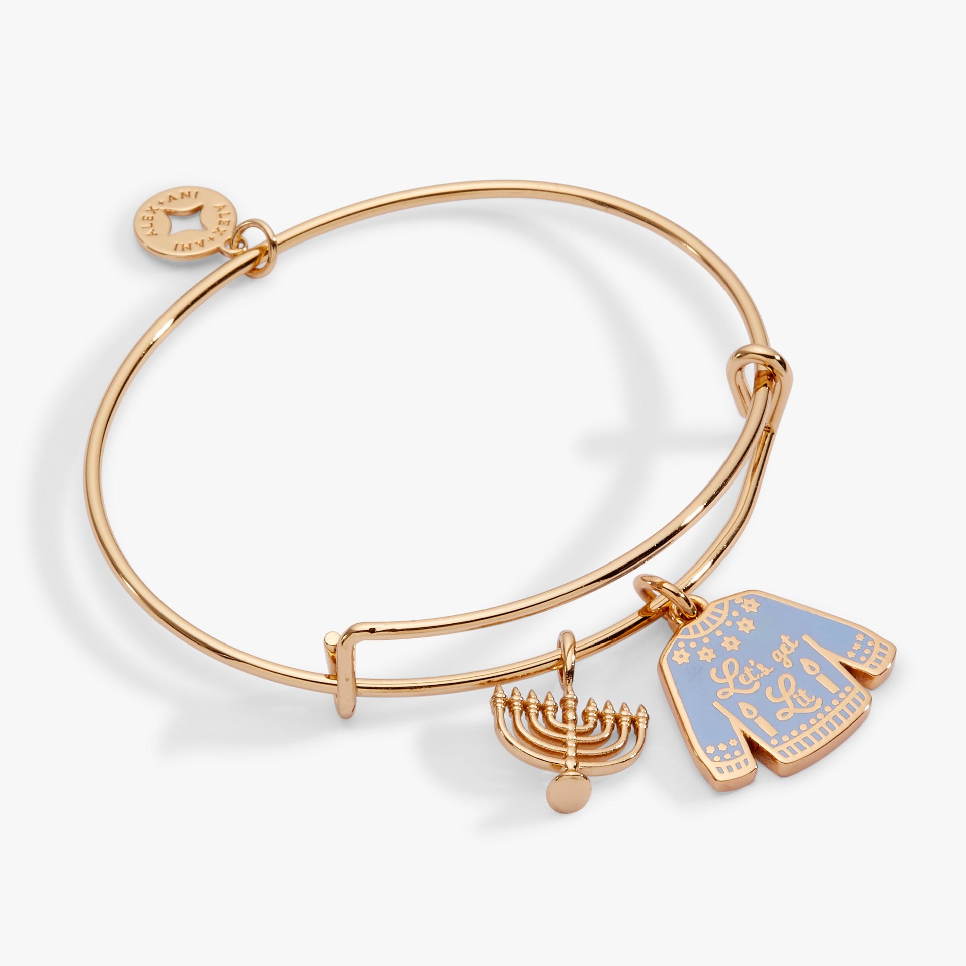 Gold-plated Hanukkah bangle with Let's Get Lit sweater and menorah charms