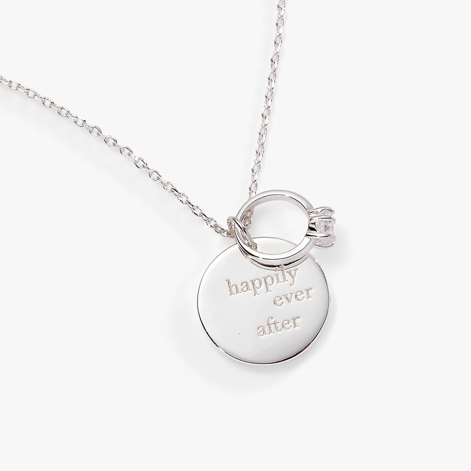 Happily Ever After necklace with silver circular charm and crystal ring pendant on cable chain