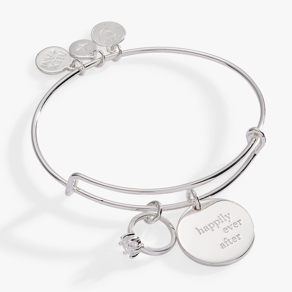 Silver tone expandable wire bangle with Happily Ever After disc and ring charm