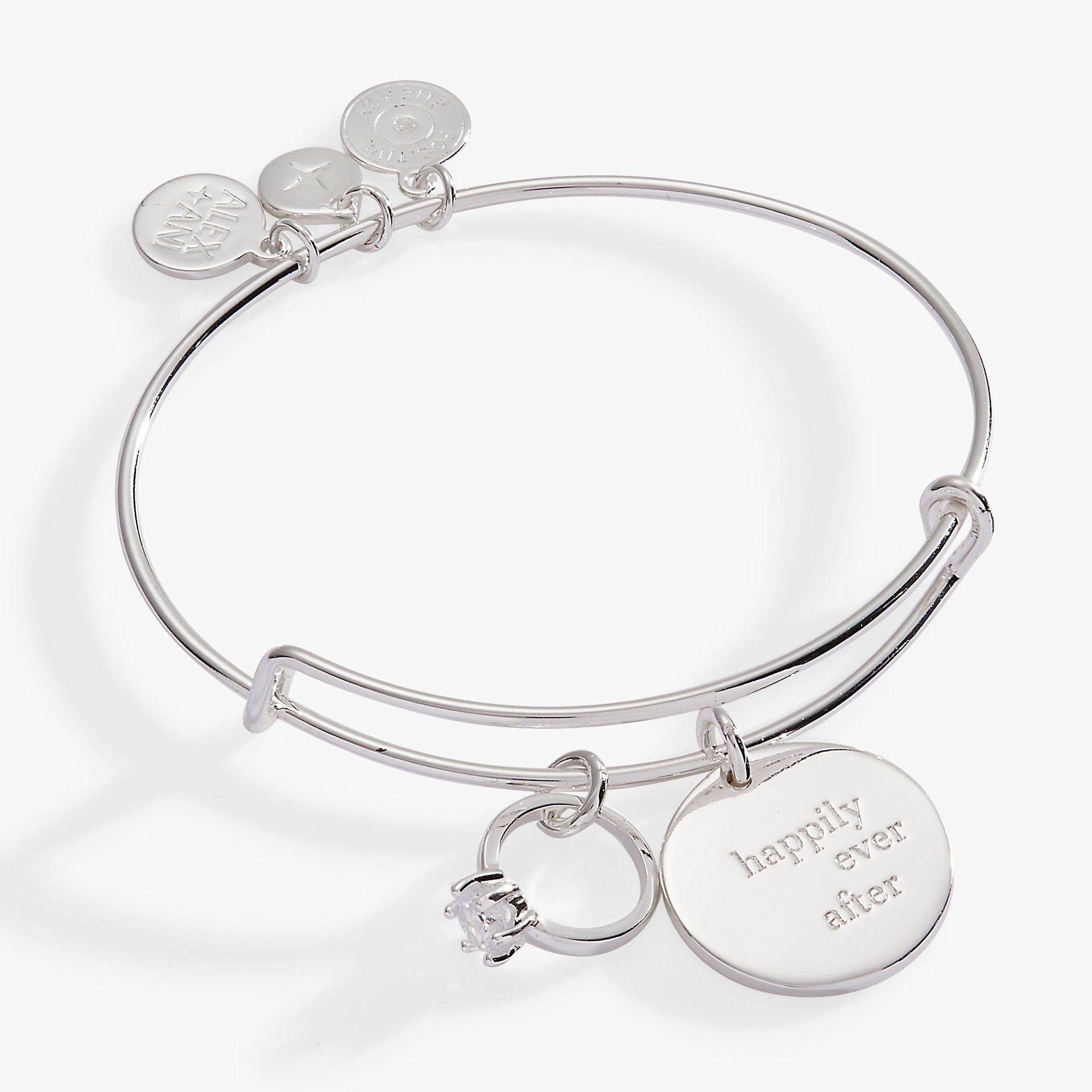 Silver tone expandable wire bangle with Happily Ever After disc and ring charm