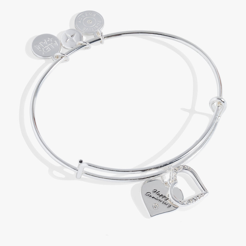 Anniversary Heart Bangle Silver Tone Crystal Charm Bracelet