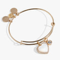 Mother of Pearl heart charm anniversary bangle with crystal accents on an expandable wire.