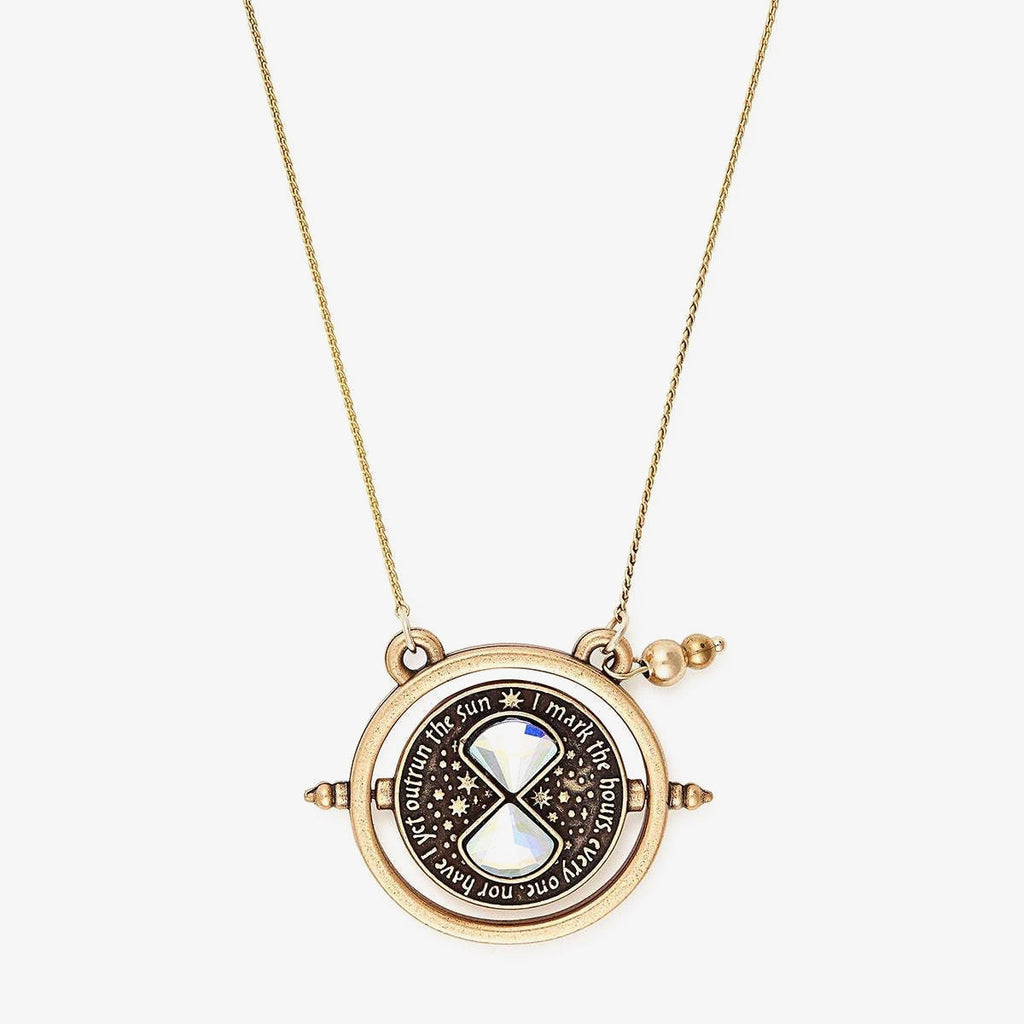 Polished gold Harry Potter Time Turner spinner necklace with iridescent crystal accents on a cable chain.