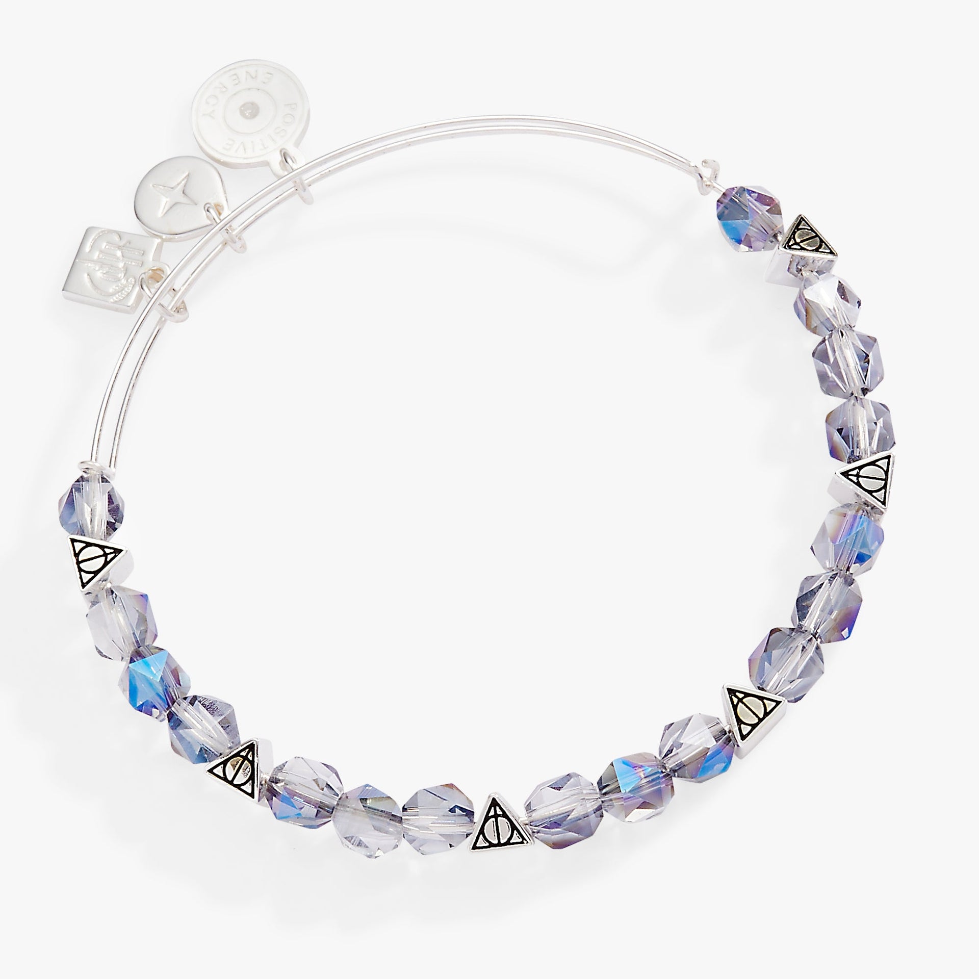 Deathly Hallows charm bangle with lavender aurora borealis glass beads.