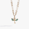 Harry Potter Flying Keys necklace in gold with teal and clear crystal accents