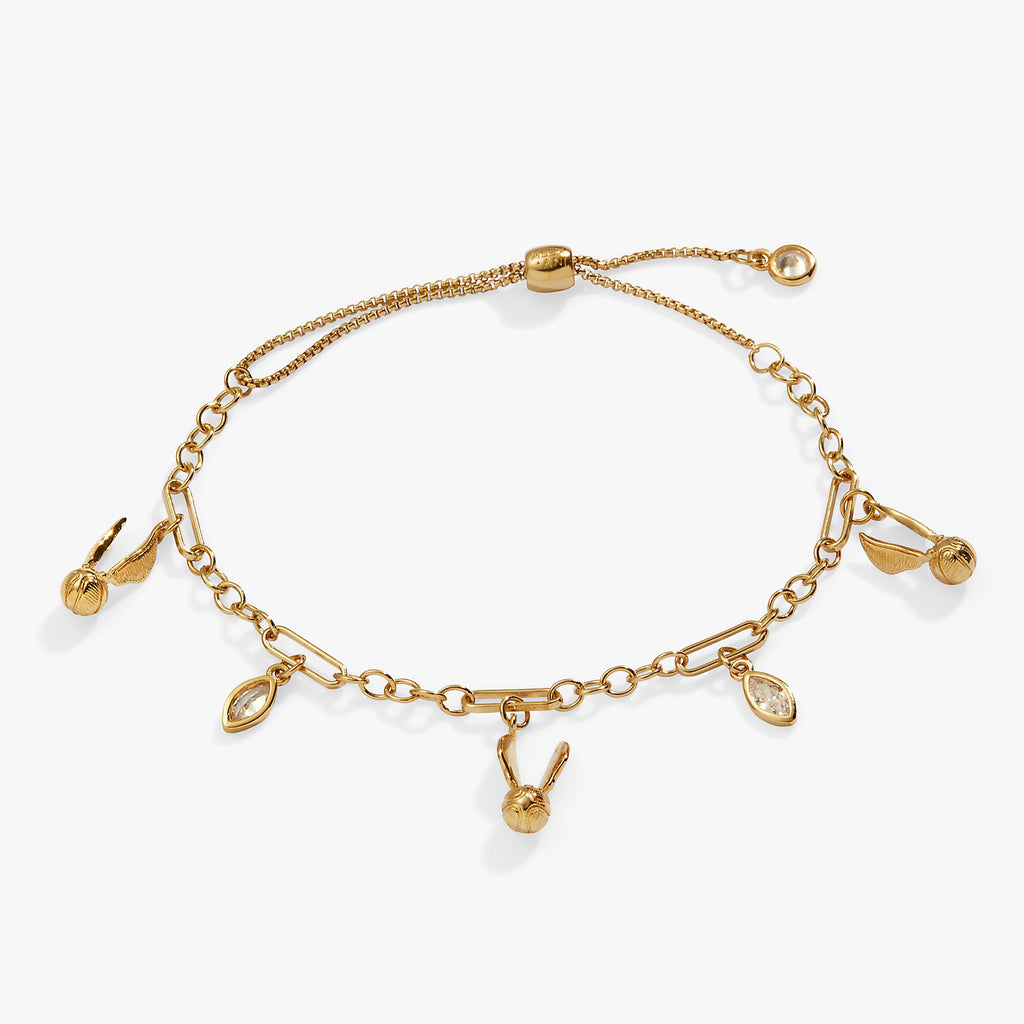 Harry Potter Golden Snitch charm bracelet with crystal accents and adjustable pull-chain