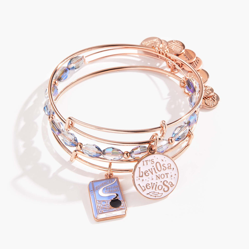 Set of 3 Harry Potter Hermione themed bangles in rose-gold with blue and white details.