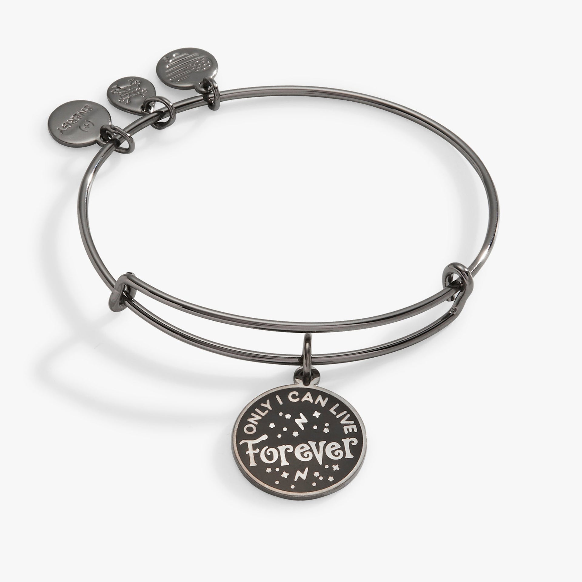 Harry Potter Voldemort gunmetal and black charm bangle with Only I Can Live Forever inscription.
