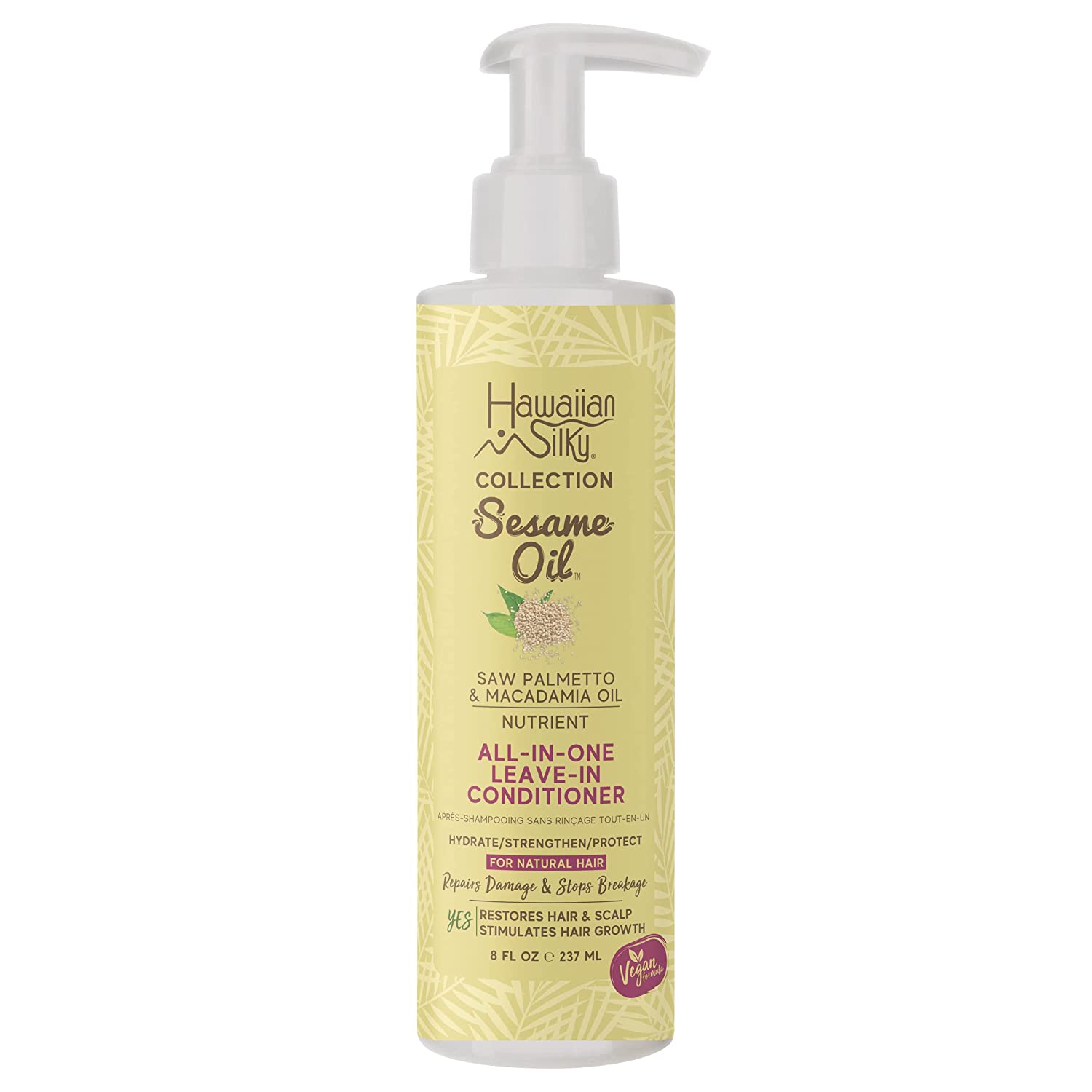 Hawaiian Silky Sesame Oil All-in-One Leave-In Conditioner bottle in yellow and white packaging