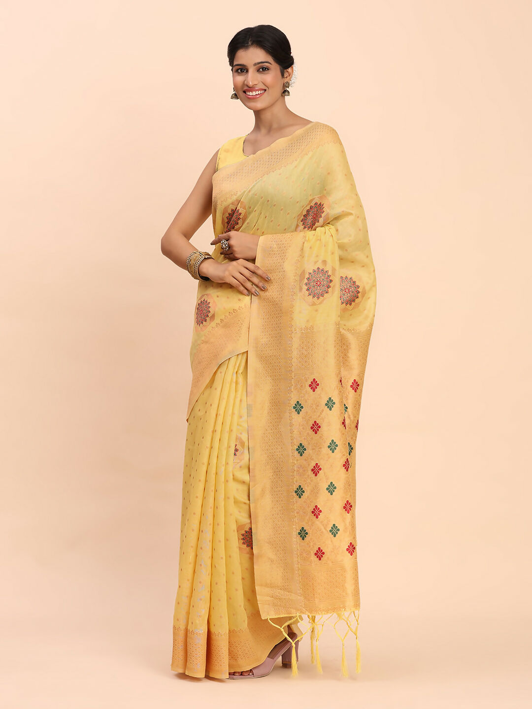 Shree Shyam Fashion Linen Cotton Yellow Saree