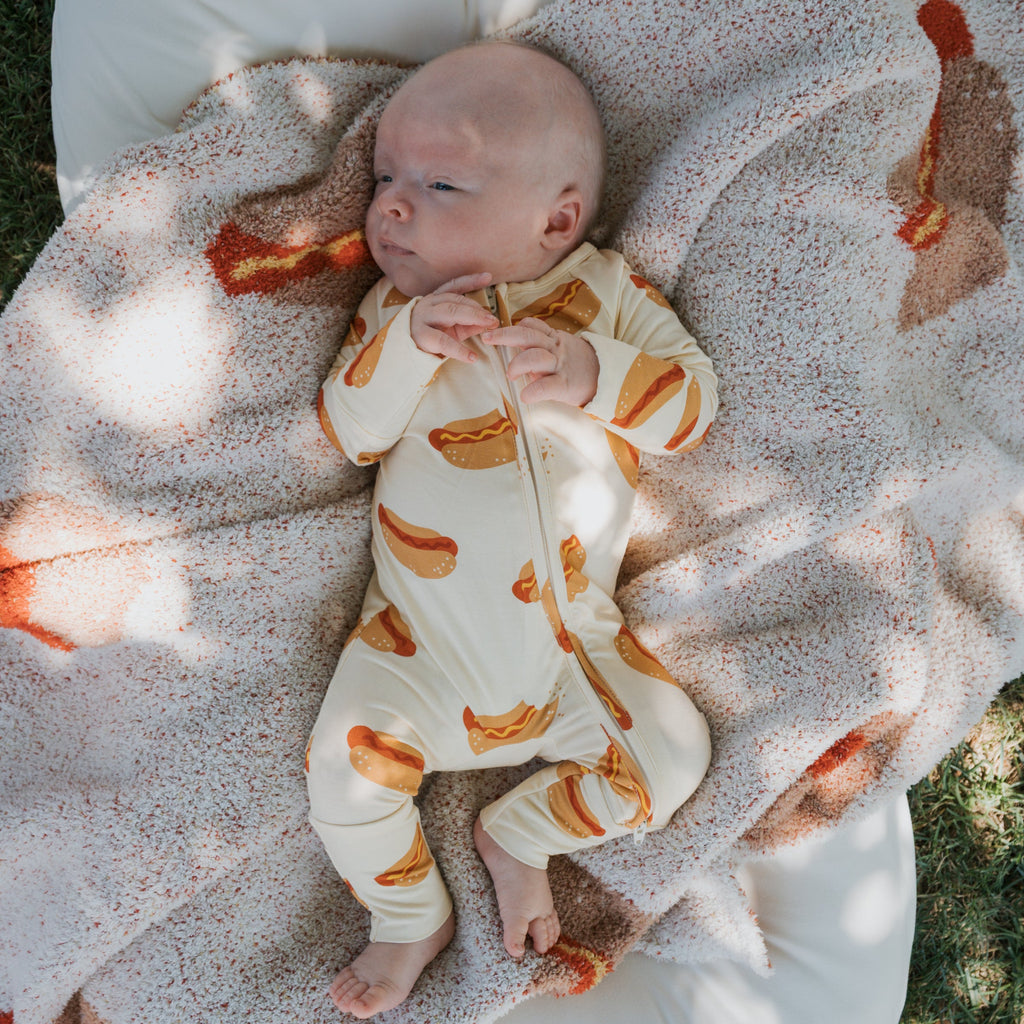 Bamboo Zip Pajamas for Babies in Hot Dogs Print - Cream & Red