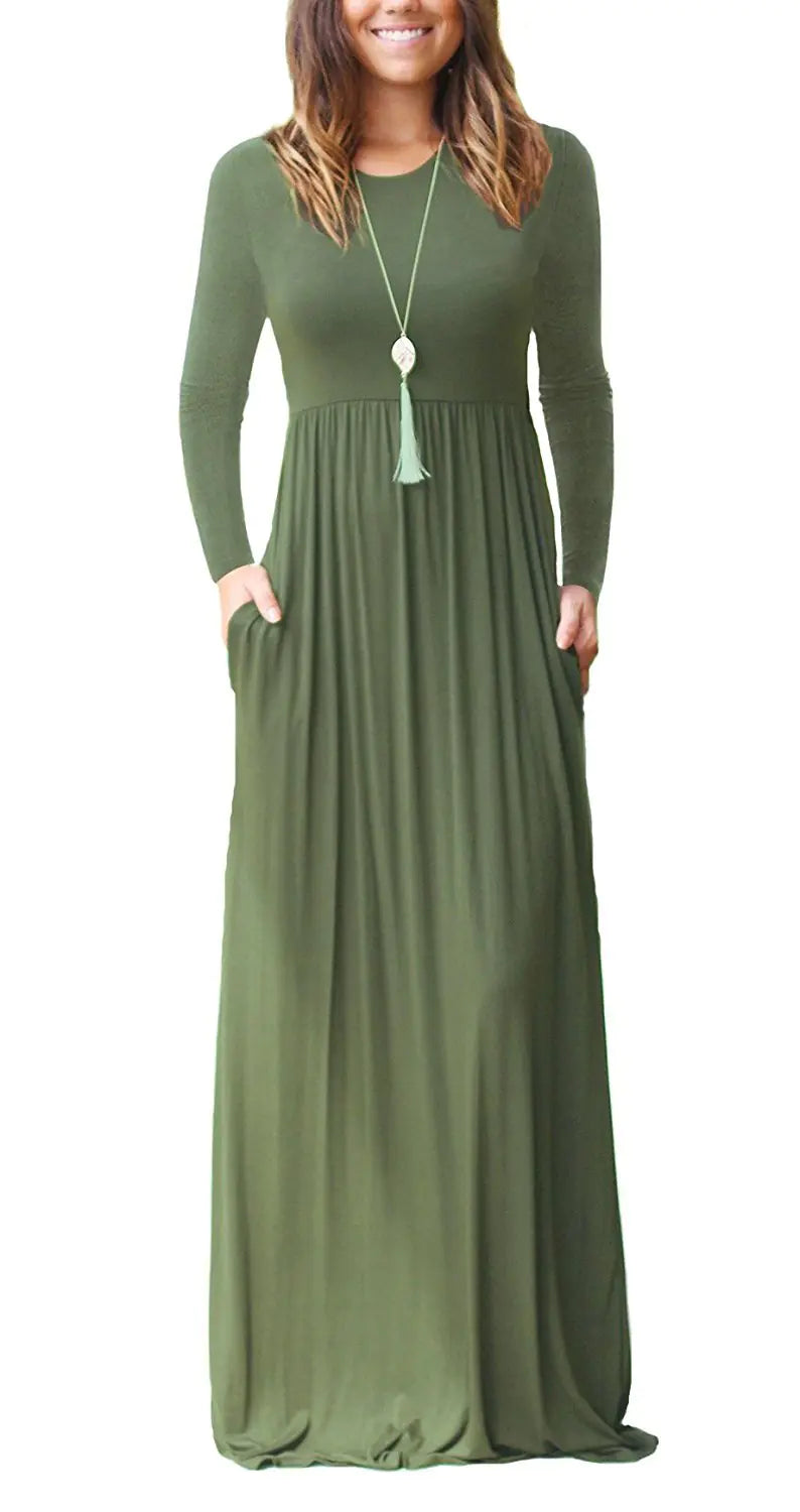 Women's Long Sleeve Maxi Dress with Elastic Waist and Pockets
