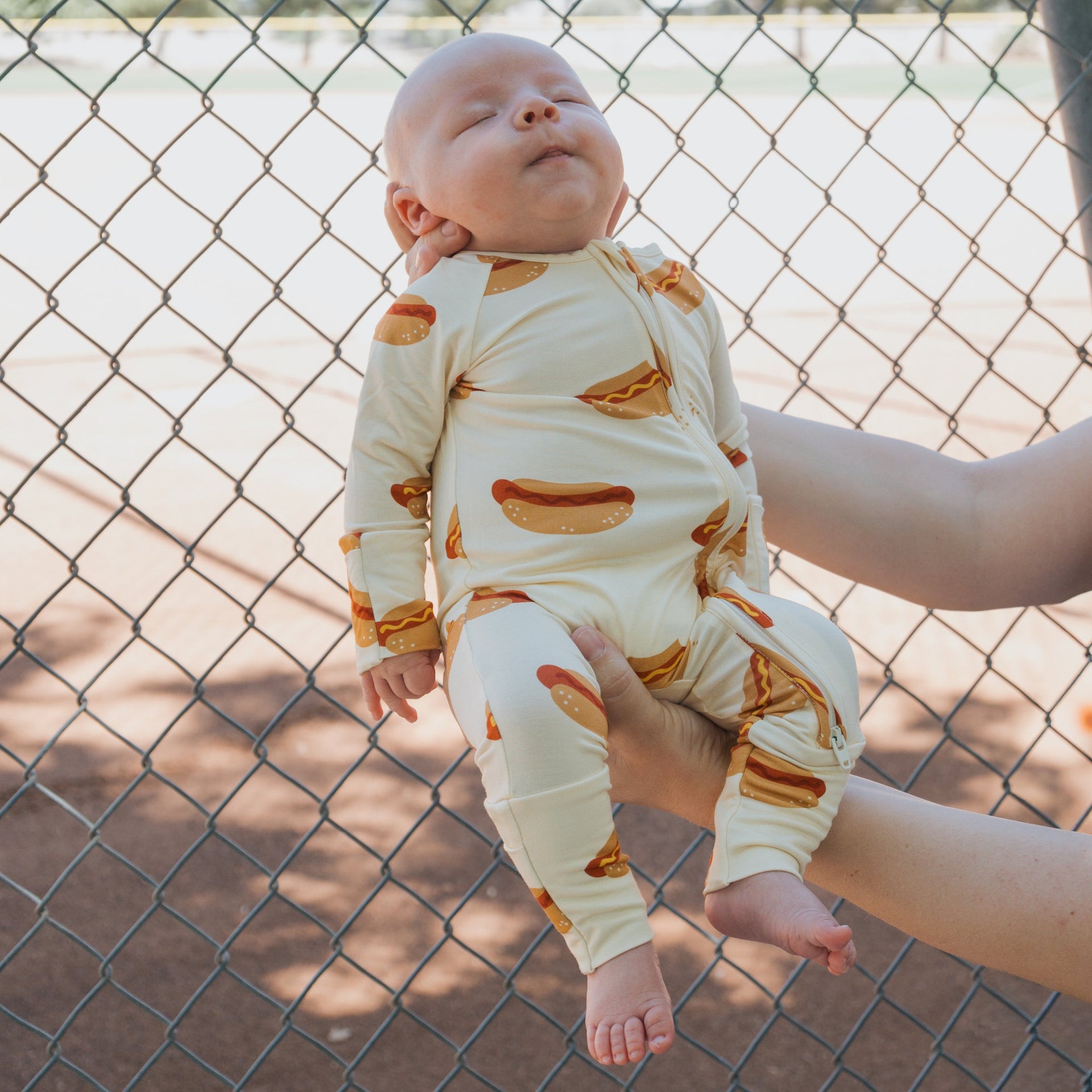 Bamboo Zip Pajamas for Babies in Hot Dogs Print - Cream & Red