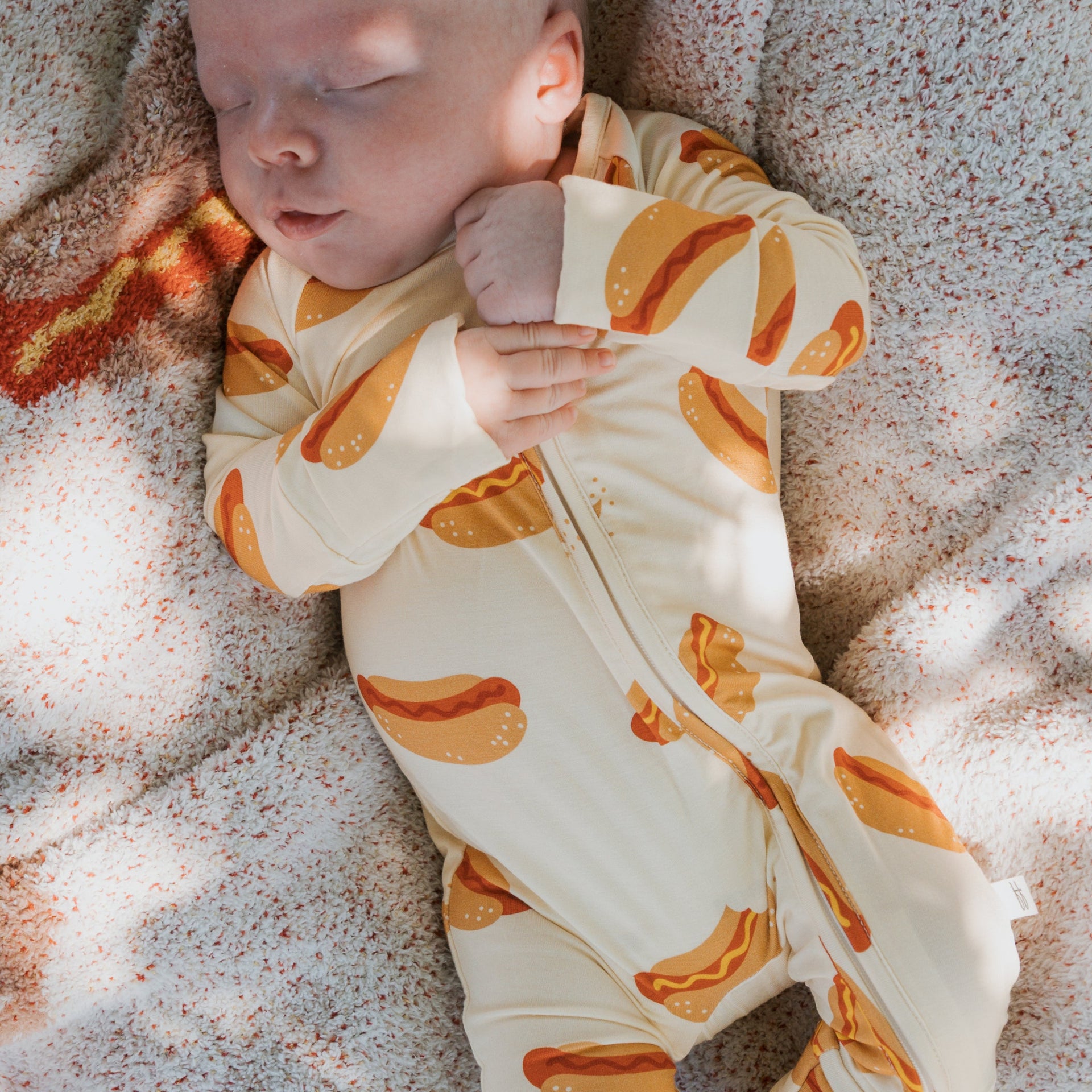 Bamboo Zip Pajamas for Babies in Hot Dogs Print - Cream & Red