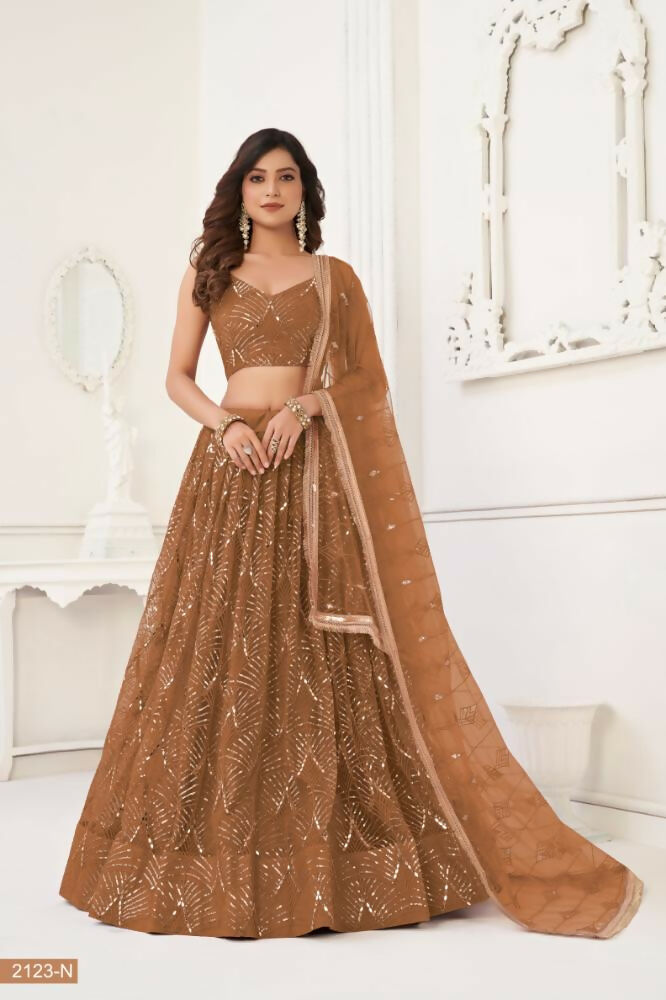 Brown Butterfly Net Lehenga with Original Mirror & Sequence Work
