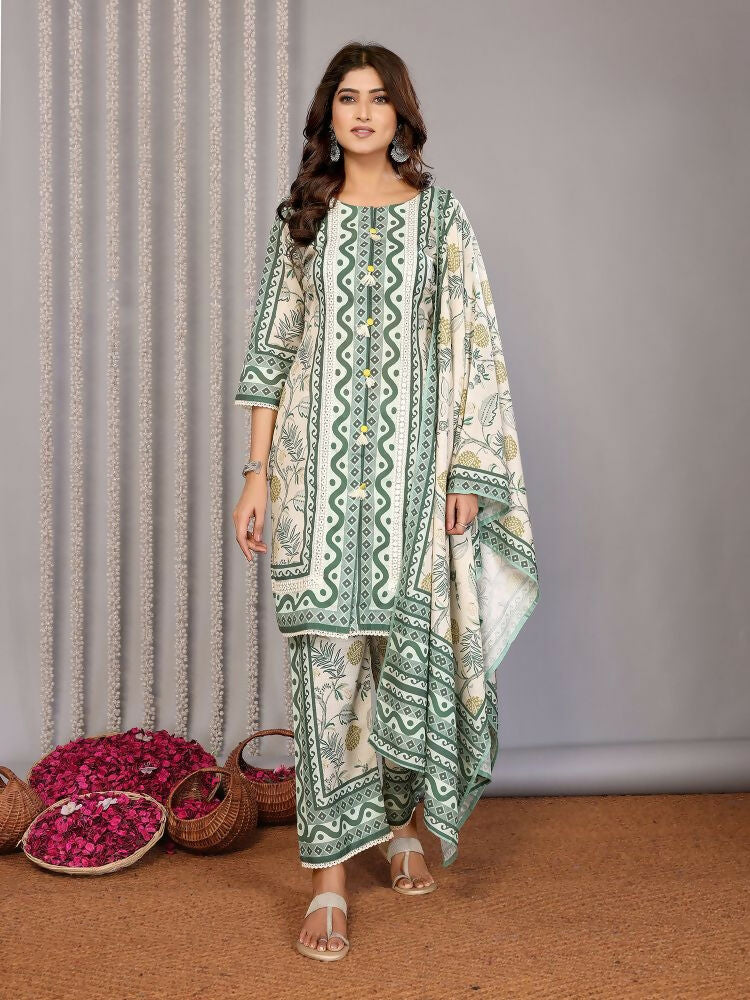 Off white and forest green printed linen kurta set with three-quarter sleeves.