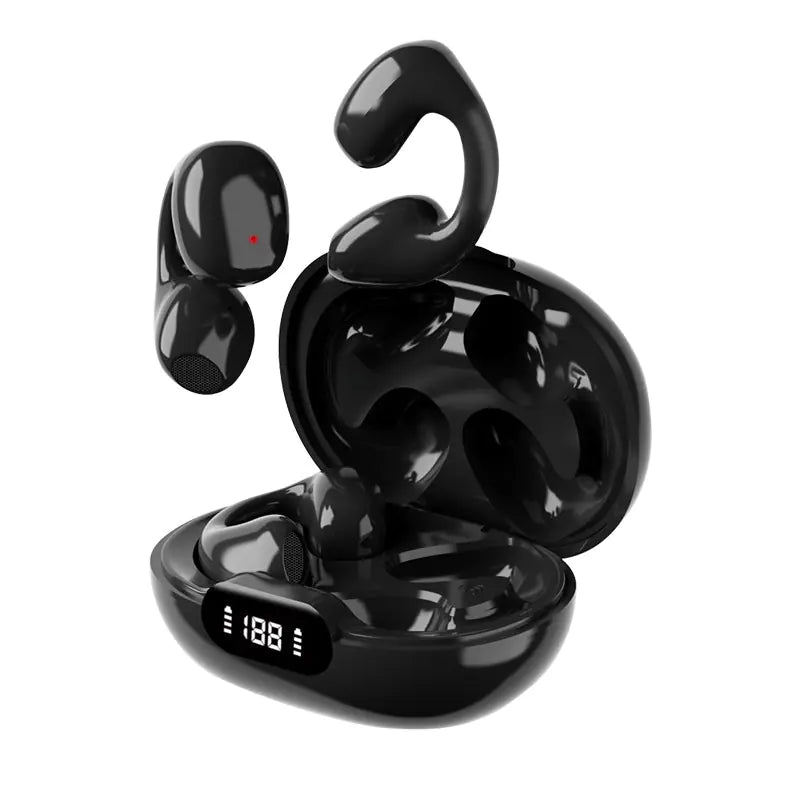 A pair of wireless bone conduction ear clip headphones in black and beige with a digital display charging case.