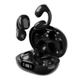A pair of wireless bone conduction ear clip headphones in black and beige with a digital display charging case.