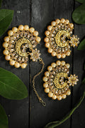 Mominos Fashion Joharkamal gold-plated Kundan statement earrings with cream pearls and matching tika
