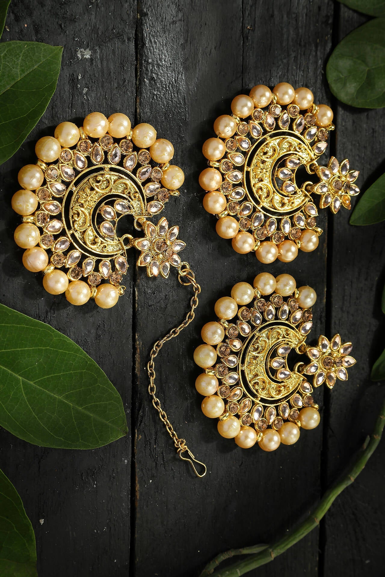 Mominos Fashion Joharkamal gold-plated Kundan statement earrings with cream pearls and matching tika