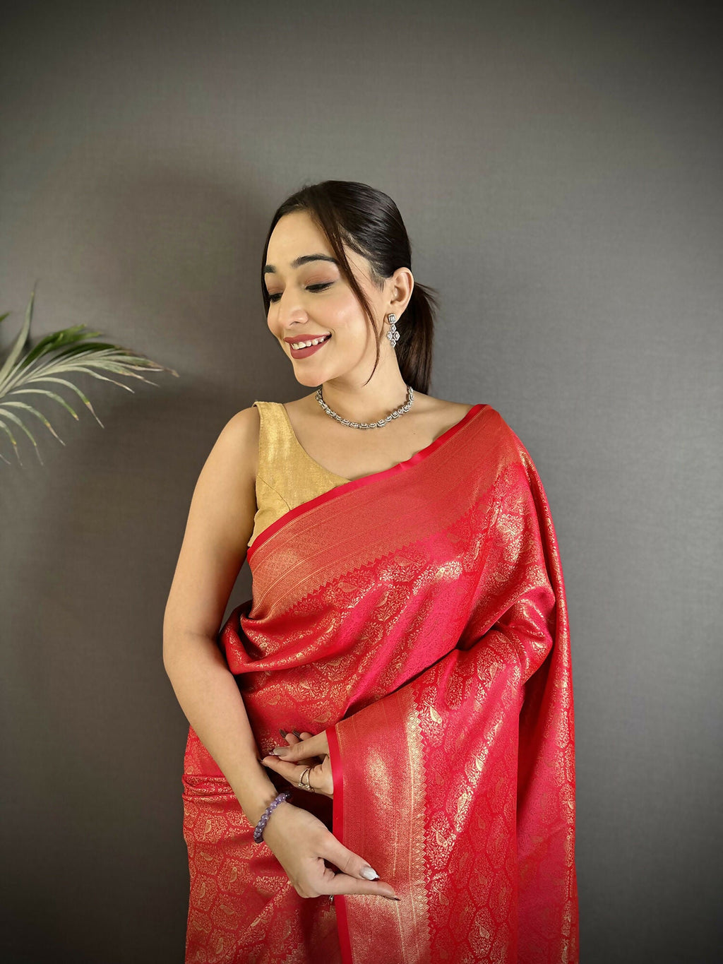 Red Paisley & Floral Print Soft Satin Silk Banarasi Saree