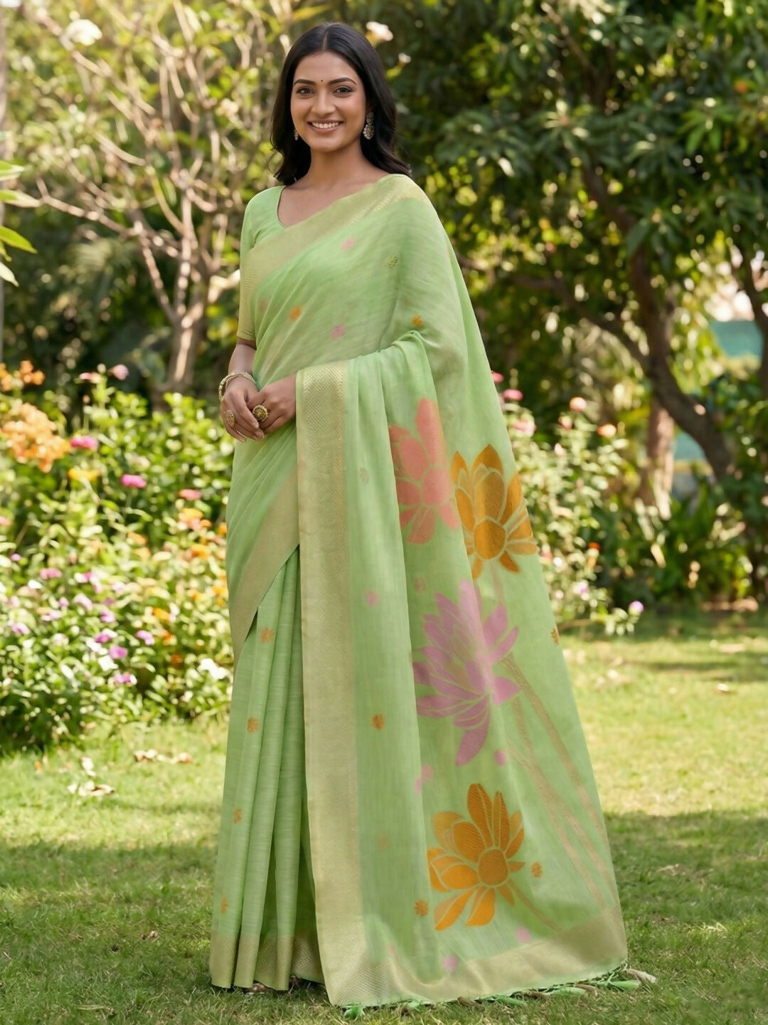 Shree Shyam Fashion Green Linen Cotton Saree with matching blouse fabric