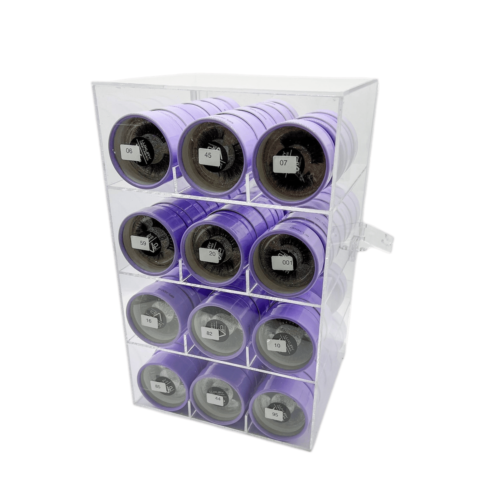 Professional purple 72-piece HD lash display case for showcasing mink eyelash extensions