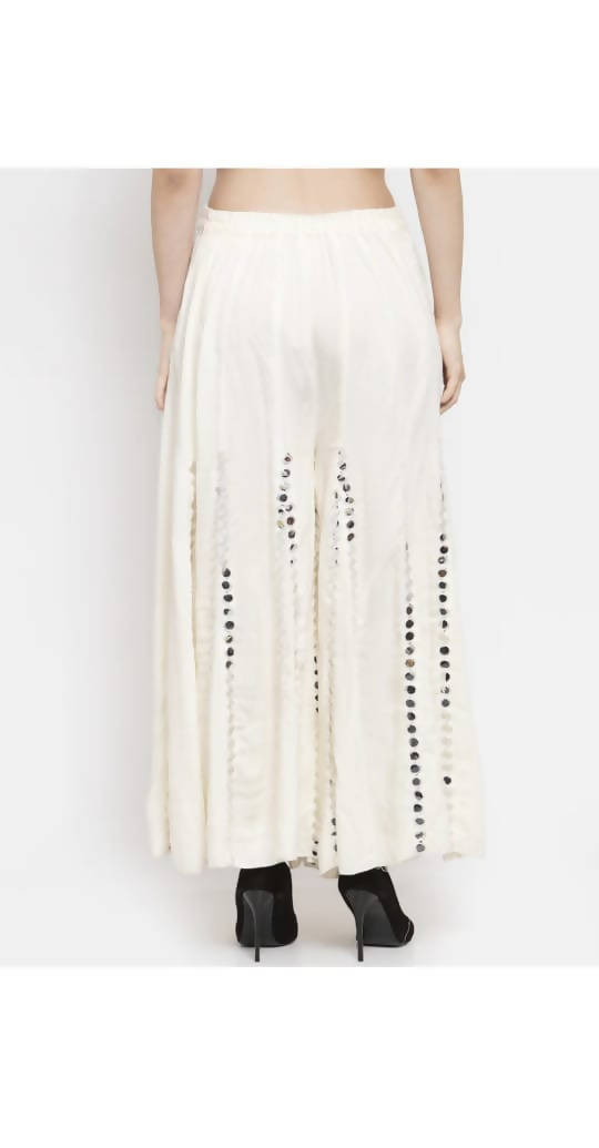 Women's White Mirror Work Palazzo Pants - Rayon Cotton Bottoms