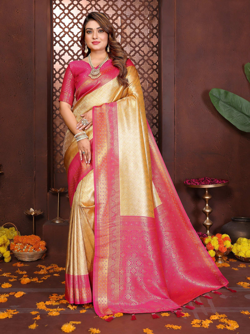 Aastha Fashion cream tissue silk saree with intricate woven details