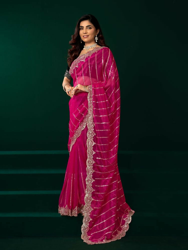 Rani Pink Net Party Wear Saree with Black Velvet Blouse