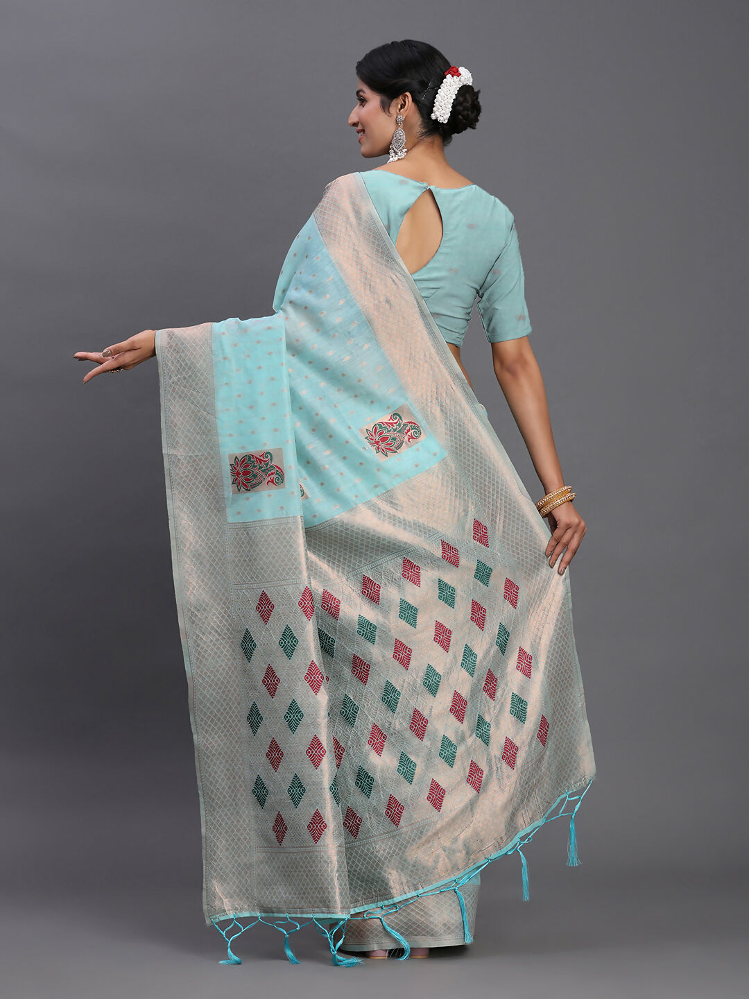 Sky Blue Linen Cotton Saree with Matching Blouse Piece