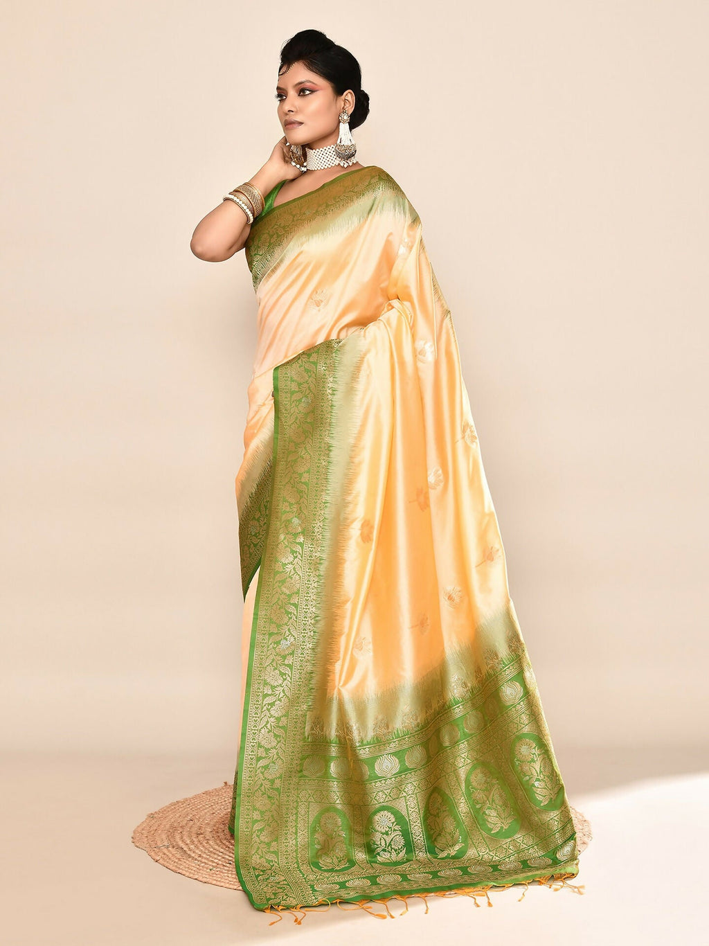 Light Yellow & Parrot Green Banarasi Silk Saree with Woven Border