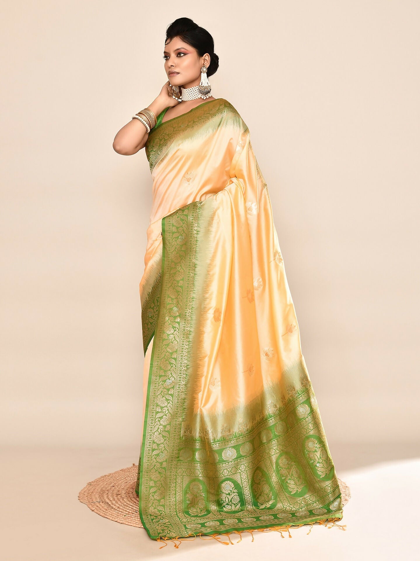 Light Yellow & Parrot Green Banarasi Silk Saree with Woven Border