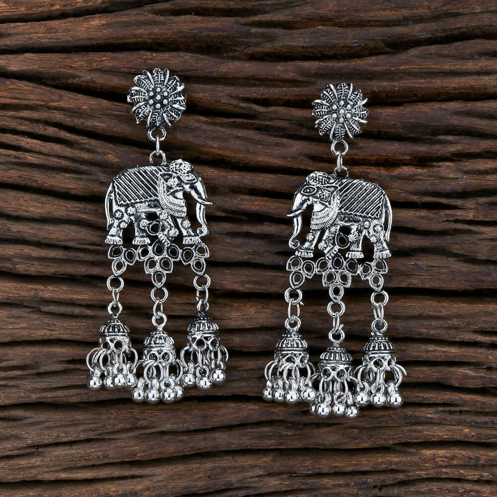 A pair of traditional Silver Black Oxidised Earrings with intricate antique metalwork.
